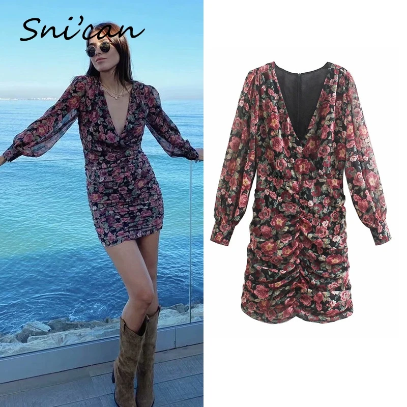 

Snican V Neck Long Sleeve Floral Print Mini Chiffon Dress With Lining Za 2021 Women Summer Slim Bodycon Sexy Robe Femme Vestidos