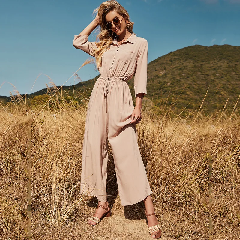 

Rayon Shirt Jumpsuit Women Solid Three Quarter Sleeve Spring Autumn High Waist Ladies Jumpsuits Wide Leg Buttons Elegant Female