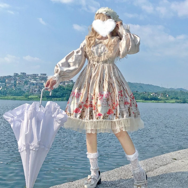 

Japanese Lolita Style Sweety Girly Party Dress Peter Pan Collar Lace Bow Ruffles Flare Sleeve Kawaii Cartoon Printing Dresses