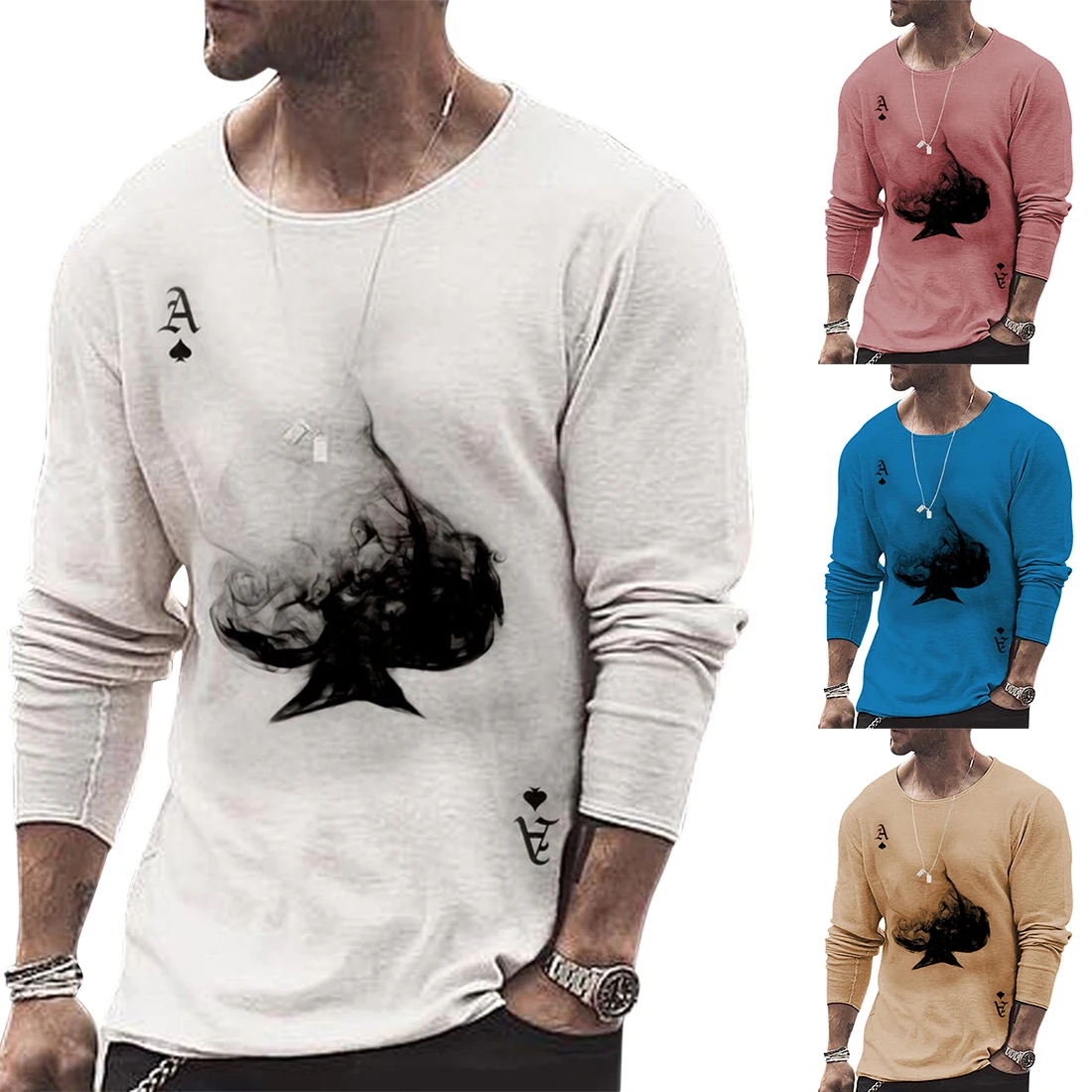 

SHUJIN Fashion Poker Printed Mens T-Shirts 2021 Spring Long Sleeve O-Neck Pullover Tops New Casual Autumn Male Tee Streetwear