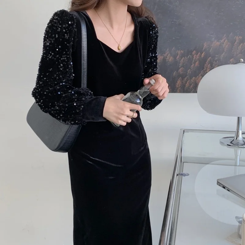 Long Sleeve Dress Korean Chic Spring New Fashion Neck Sequin Bubble Waist Velvet Splitshesam-B | Женская одежда