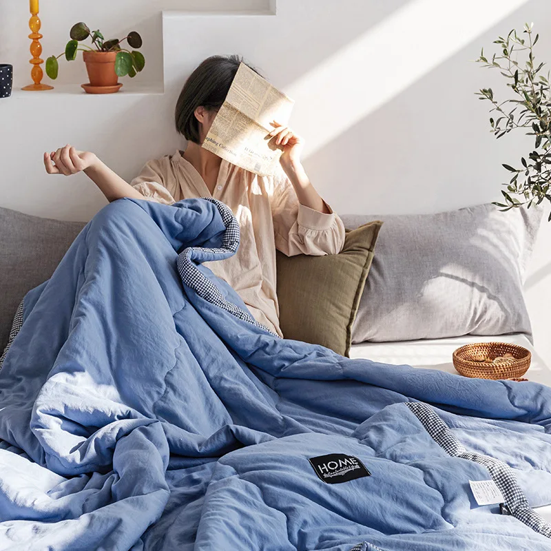 

Summer Washed Cotton Air-conditioning Quilt Soft Breathable Blanket Thin Solid Color Twin Queen Size Throws Blanket Comforter