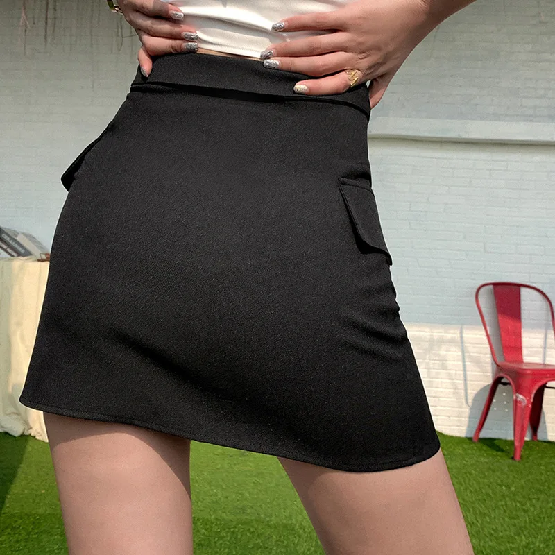 Женская однобортная мини-юбка LVINMW однотонная черная с фальшивым карманом и