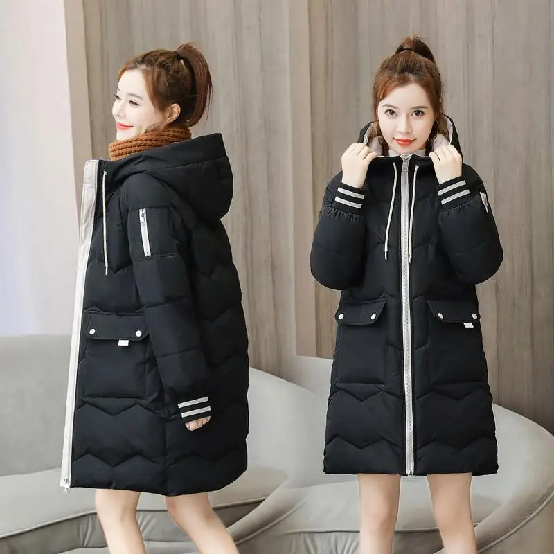 

Winter Hooded Long Jacket Coats Fashion Womens Parka Coat Mid-length Down Cotton Parka Big Pocket Warm Thick Parkas Outwear