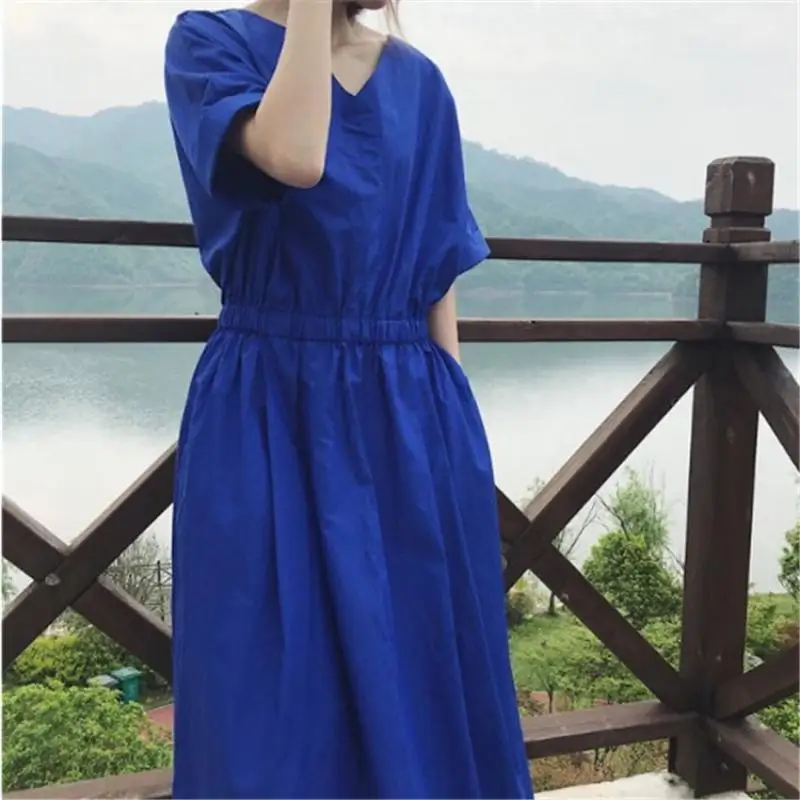 

2021 Korea Fashion Thin Loose Look Thin Dress Women Minimalism V-neck Short Sleeve Bottoming Casual All-match Student Dresses