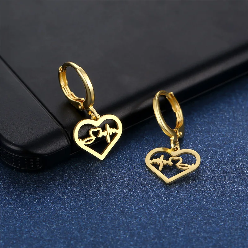 

Punk Stainless Steel Heart Dangle Earrings Heart Electrocardiogram Gold Color Pendant Heartbeat Earings Jewelry Pendientes Gift