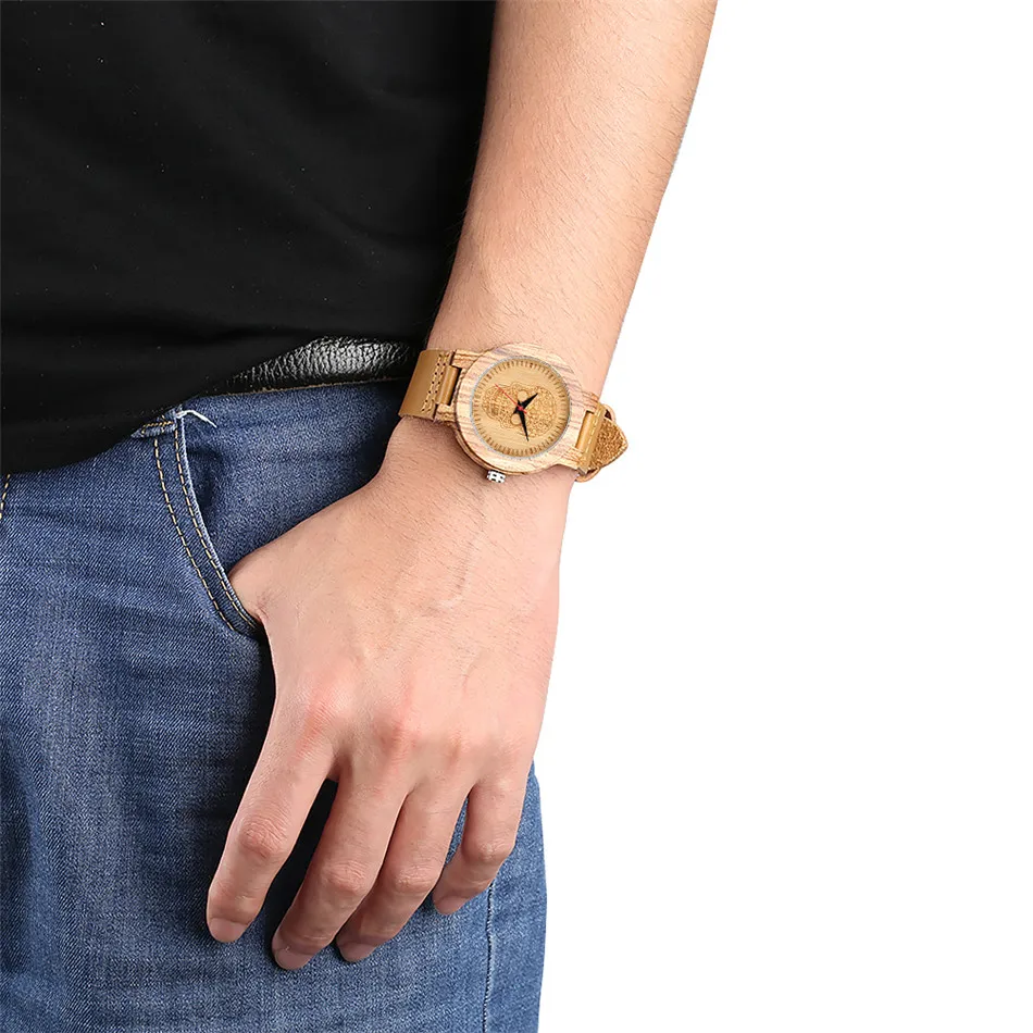 

Special Deals Wood Watches Men' Genuine Leather Wristwatch Quartz Movement Casual Mens Watch Engraving Natural Wooden Clock Gift
