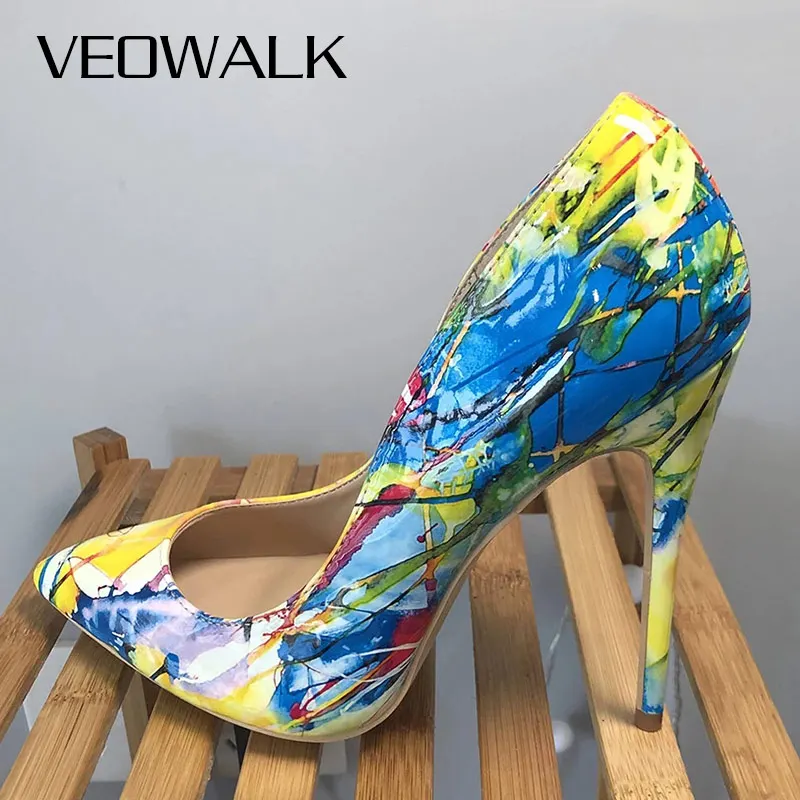 

Veowalk Tropical Graffiti Printed Women Sexy Extremely High Heels Ladies Slip-on Pointed Toe Stilettos Pumps Club Party Shoes