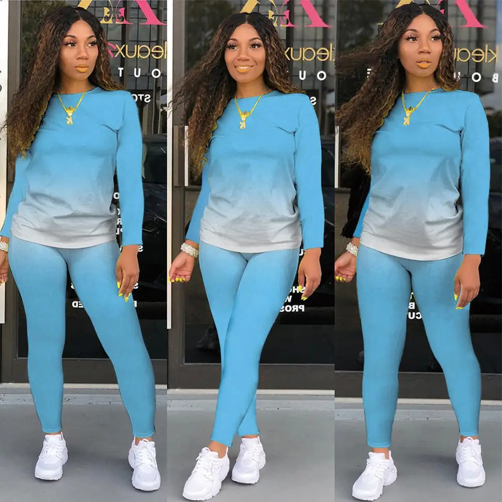 

Sexy gradient solid color sports two-piece female suit crop top leggings 2-piece suit with autumn clothes women 2020
