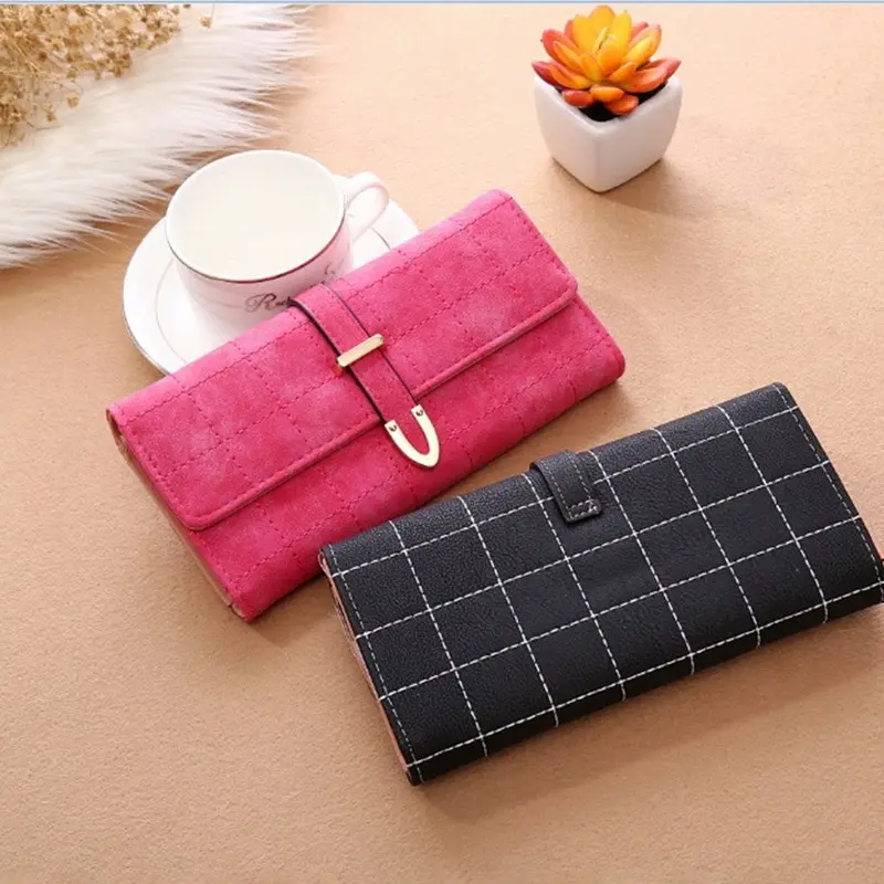 

Wallets Women Long Zipper Luxury Brand Matte Coin Purses Check Pattern Buckle Wallets Female Money Bag Credit Card Holder 2021