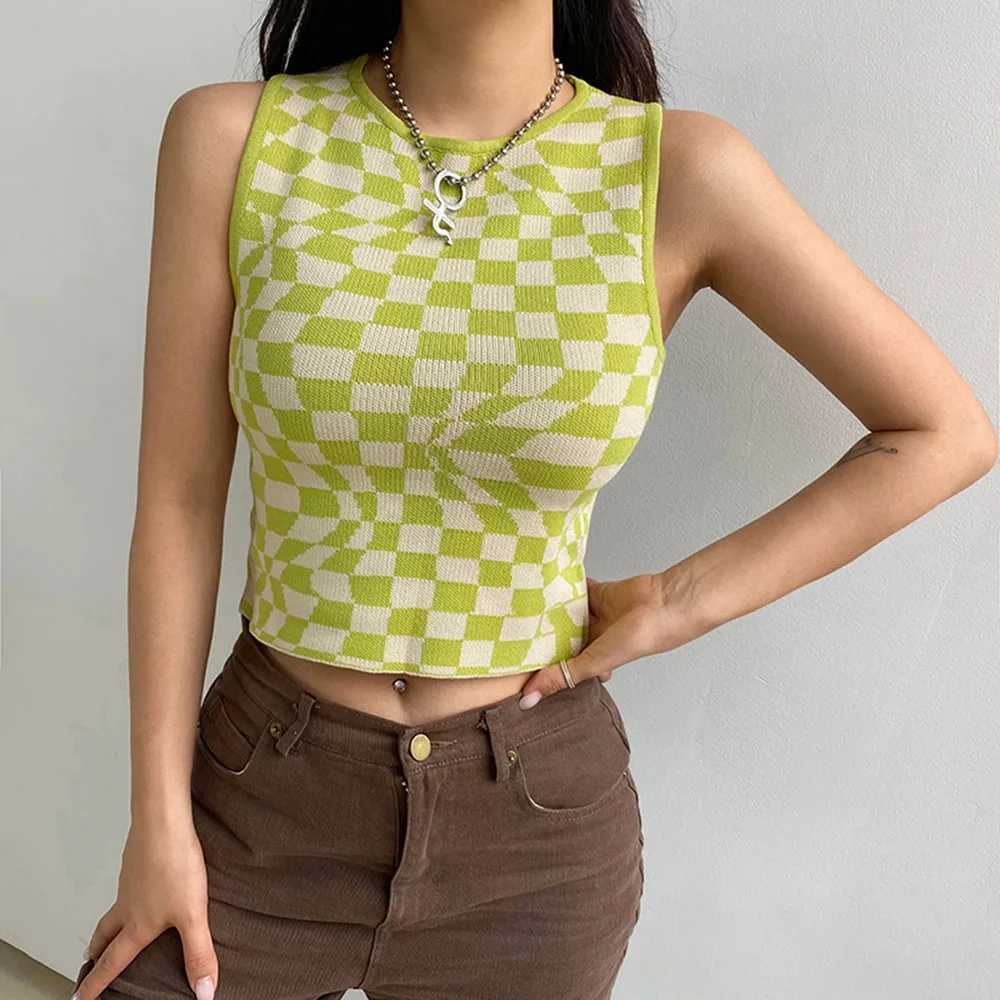 

2021 Fashion Summer Knit Crop Top Women Sleeveless Tank Top Basic T Shirts Casual Plaid Vest Streetwear Tank Top Vintage