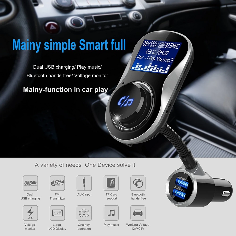 Bluetooth Handsfree Aux Car Kit FM Transmitter Wireless Radio Adapter with Dual USB Ports and 1.4 inch Display Screen | Электроника