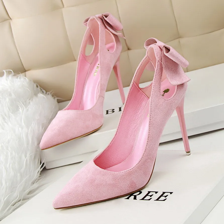 

Korean Version of Sweet Beauty High Heels Women's Shoes Suede Shallow Mouth Pointed Toe Hollow Bow Single Shoes Women