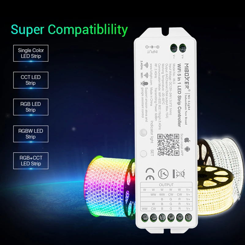 Светодиодный контроллер Milight WL5 12 ~ 24 В постоянного тока 6 А/канал Wi Fi IEEE 802.11b/G/n 2 4