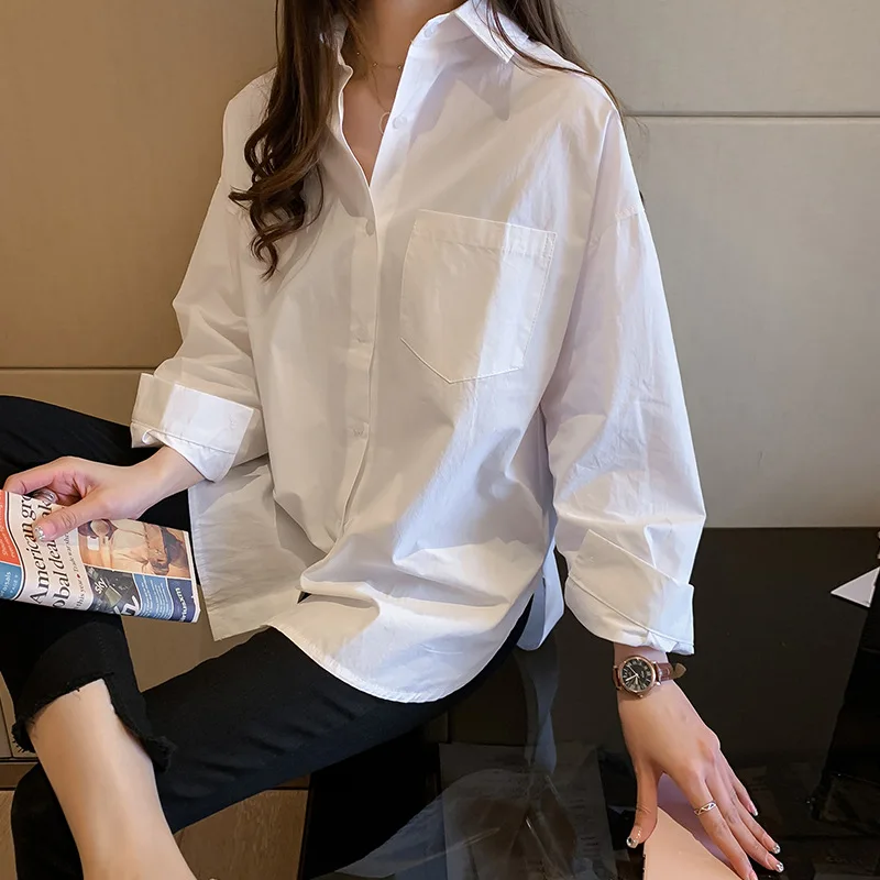 

Spring One Pocket Women White Pink Shirt Female Blouse Tops Long Sleeve Casual Turn-down Collar OL Style Women Loose Blouses