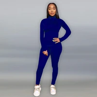 casual woman solid classic blue color tight fitting set long sleeve sexy leggings suit sport gym pants clothing sets
