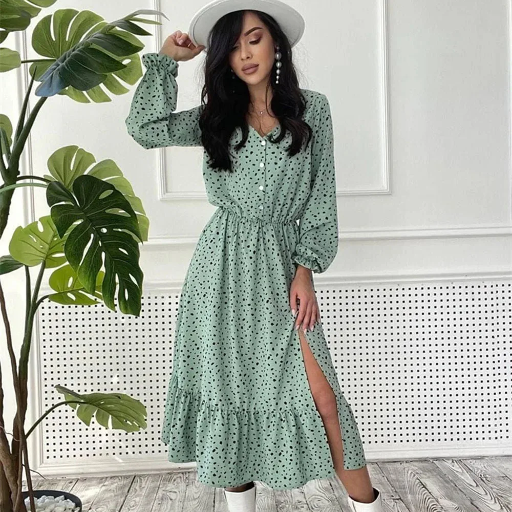 

Spring And Autumn Women's Chiffon Dresses Fashion V Neck Buttons Printed Waist Ruffle Slit Ladies Long Sleeve Long Dresses 2021