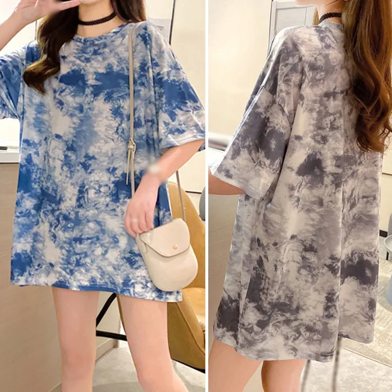 

New Vintage Short-sleeved T-shirt Women's Summer Loose Round Neck Tie-dye Couple Casual Tee Tops