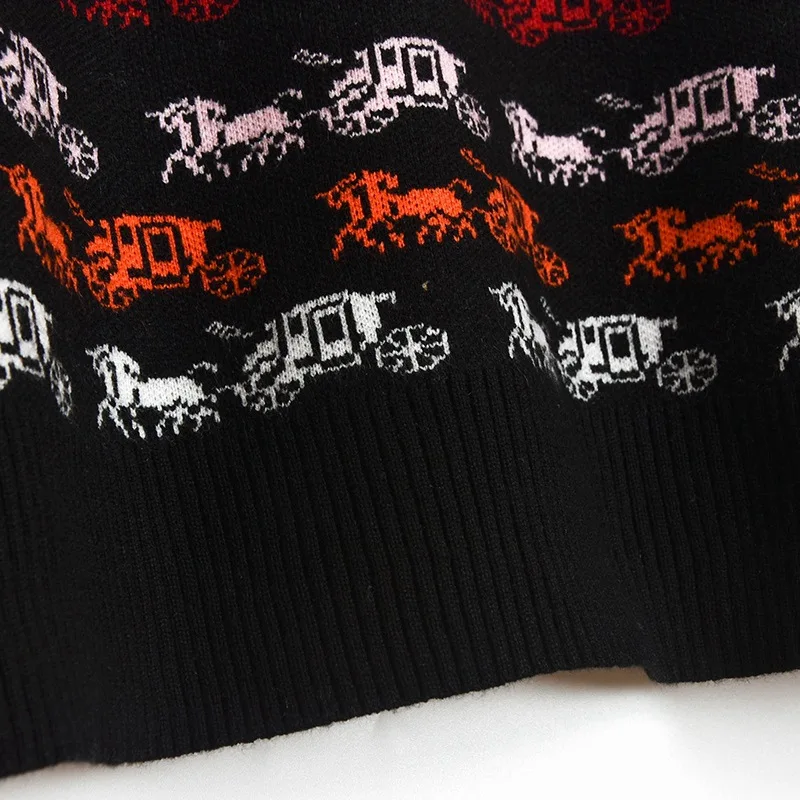 

Runway 2020 Vintage Autumn Winter women Pullover High Quality Knit carriage Sweater Patchwork Turn-down Collar Female pull femme