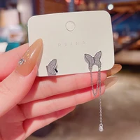 silver plated butterfly earrings womens asymmetric long tassel