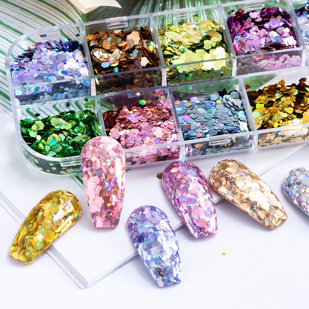 12 ячеек/комплект шестигранные голографические Блестки для ногтей | Красота и