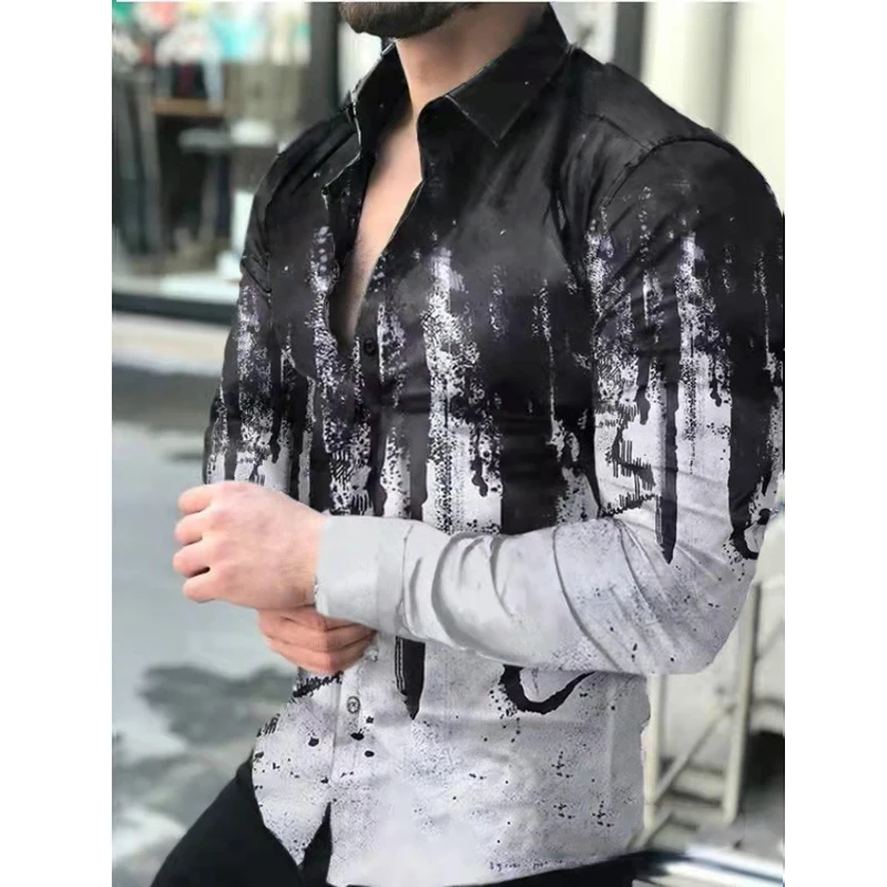 

2021 Men's Slim Shirt Autumn Casual Turn-down Collar Streetwear Fashion Together Printed Long Sleeve Oversize Shirt For Men Top
