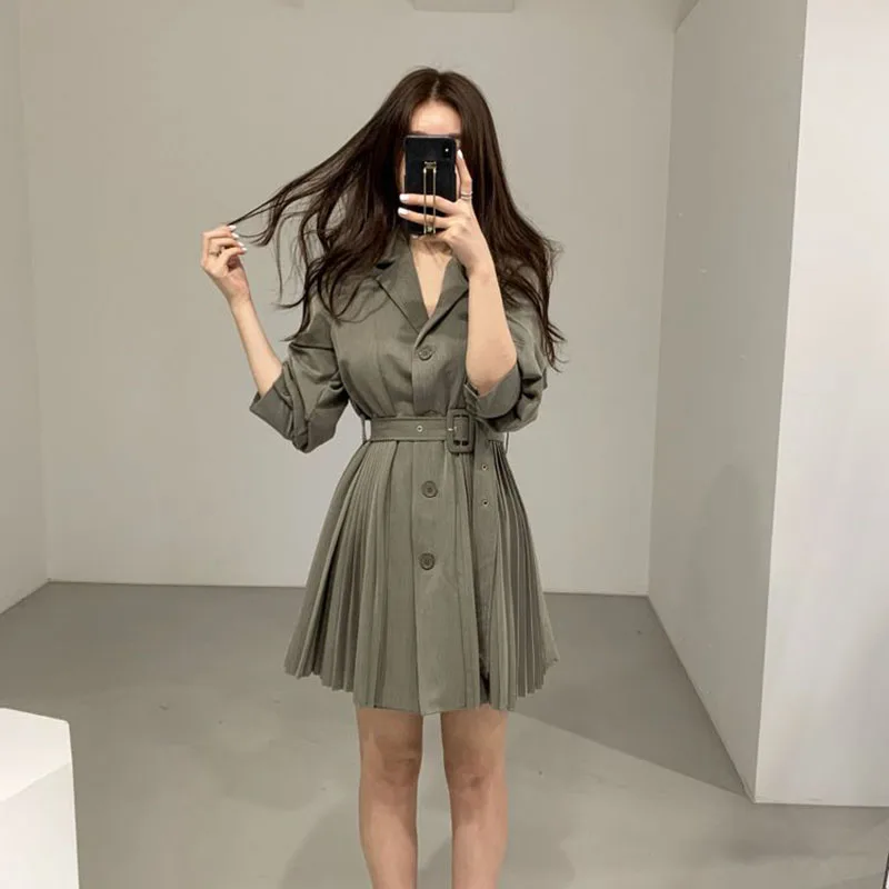 

Women's Chic Sashes Jacket Dresses Autumn New Slim Waist Pleated Notched Collar Dress Elegant Single Breasted Vestidos GK385