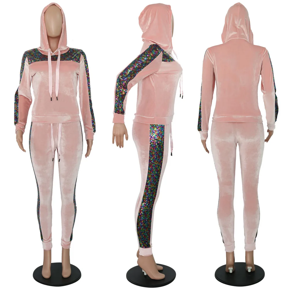 Женский Бархатный спортивный костюм с блестками Adogirl толстовка капюшоном и