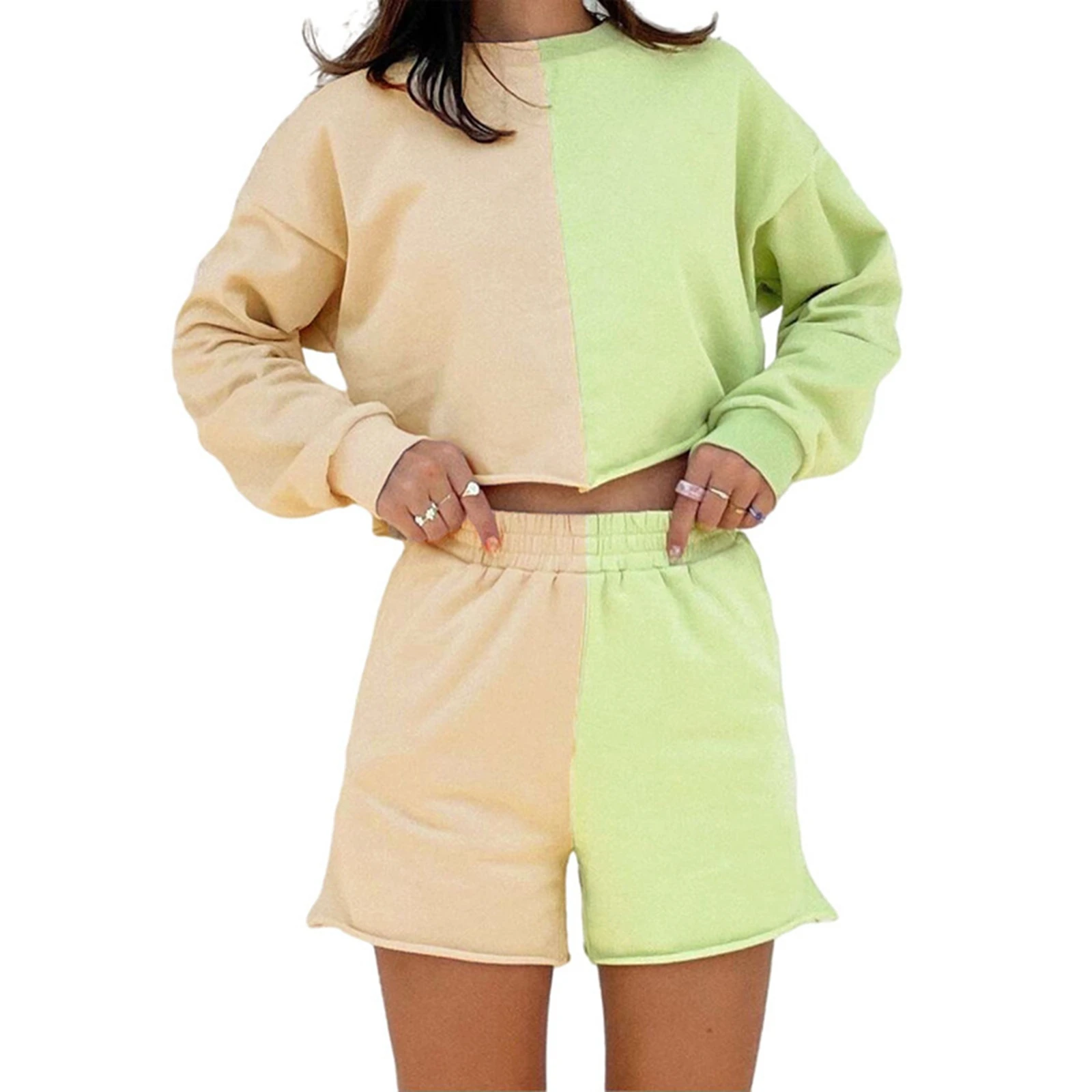 

Женская повседневная одежда из 2 предметов, короткий топ с длинным рукавом и круглым вырезом и шорты для взрослых, весна и осень 2021