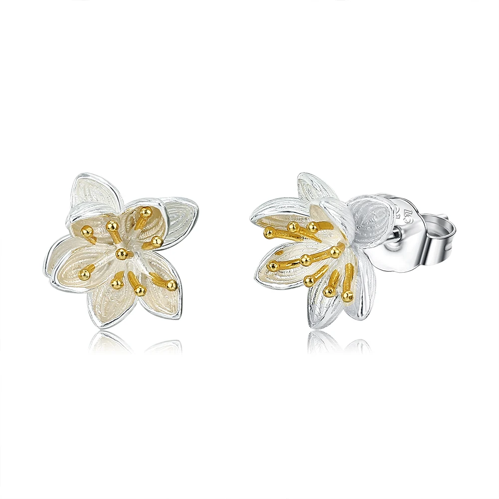 

ZEMIOR Flower Shape Stud Earring S925 Sterling Silver Petal Gold Plated Stamen Earrings Send Girlfriend Gifts Life Fine Jewelry
