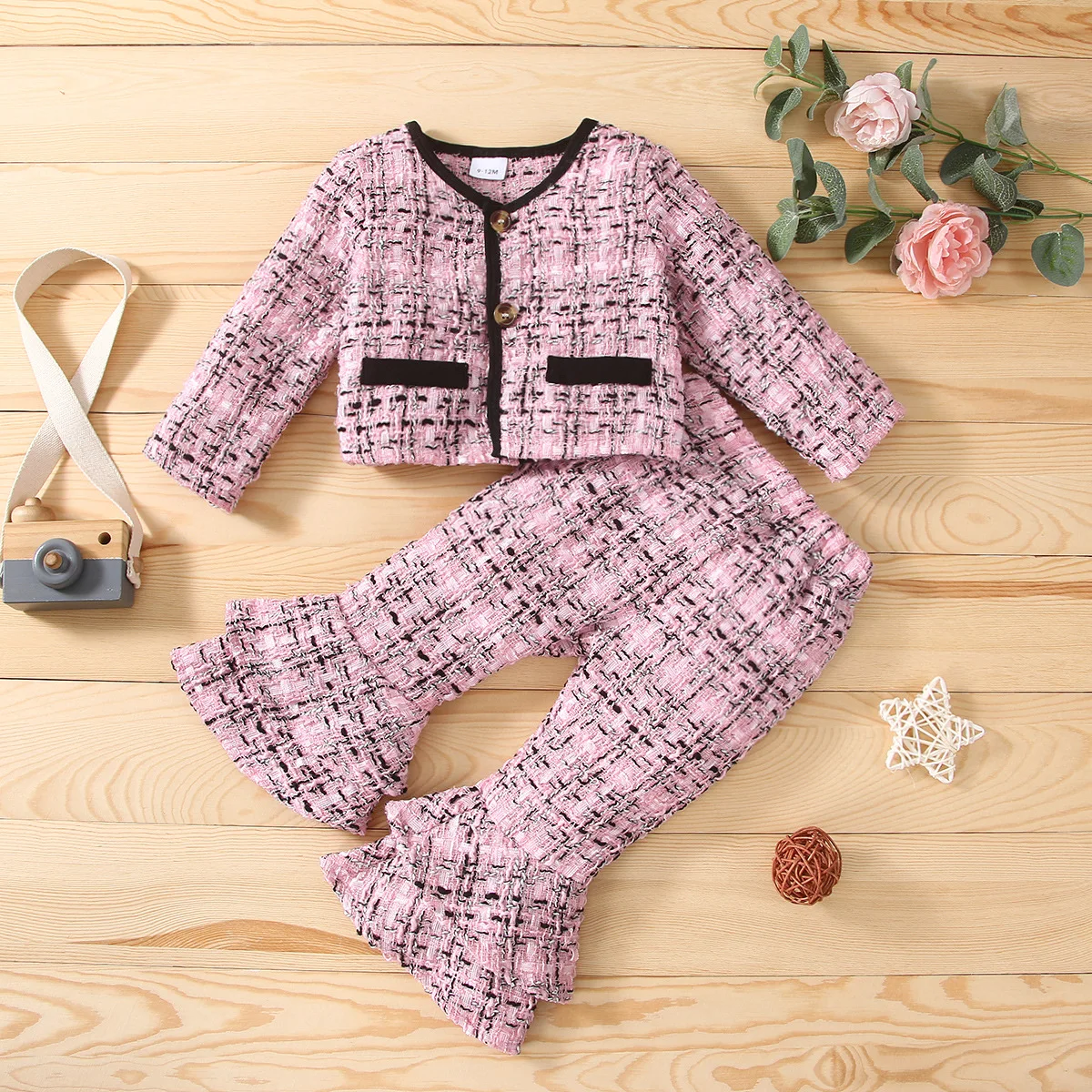 

Fashion Baby Girl Formal Clothes Set Plaid Jacket+ Flared Trousers 2PCS Infant Toddler Child Clothes Suit Jacket Spring Autumn