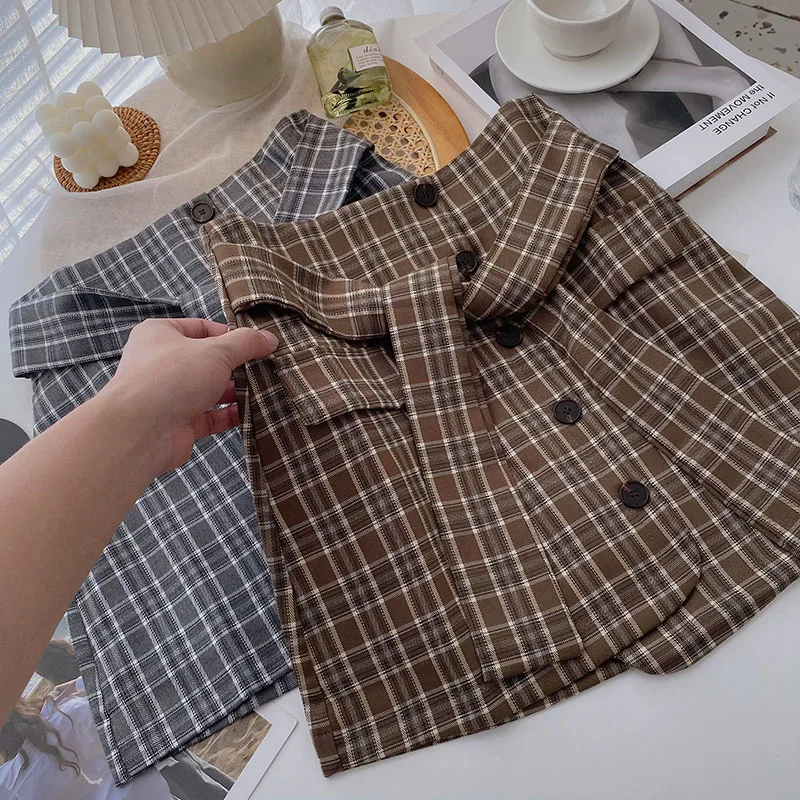 

Женская однобортная клетчатая юбка на шнуровке, привлекательная трапециевидная юбка в корейском ретро-стиле с высокой талией, осень 2021