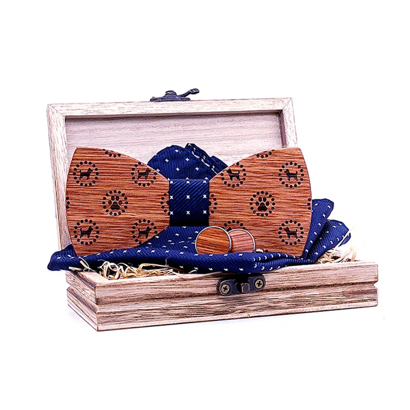 

Kaibote CTB-T223 New 3D Embossed Cherry Wooden Bow Tie Cufflinks Pocket Square Set with Wood Gift Box for Wedding Party