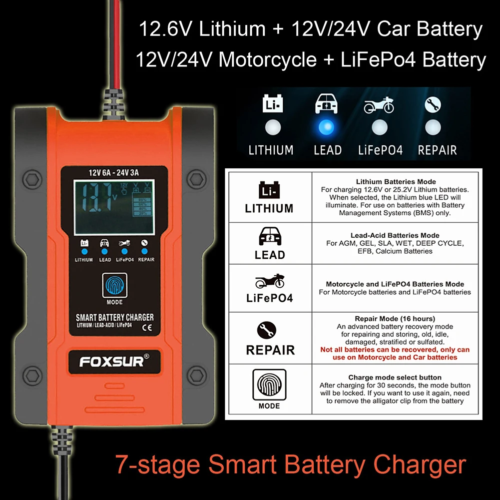 

Motorcycle Car Battery Charger 12V/24V Intelligent Automatic Fast Power Charging Gel AGM Wet Dry Lead Acid LCD Display