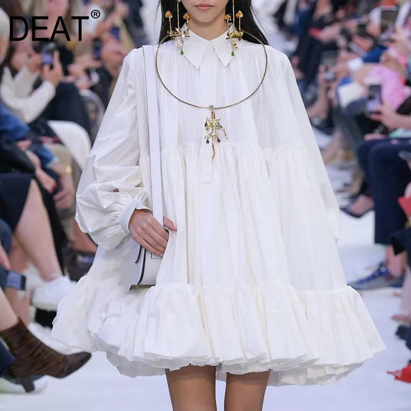 Женское винтажное платье трапеция DEAT однотонное свободное с отложным воротником
