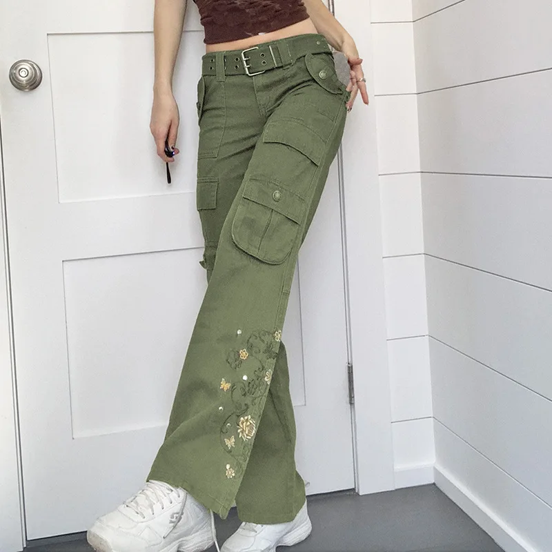 

Vintage Floral Cargo Jeans Retro Embroidery High Waist Sashes Denim Pants Harajuku Green Streetwear Y2K Women Joggers Trousers