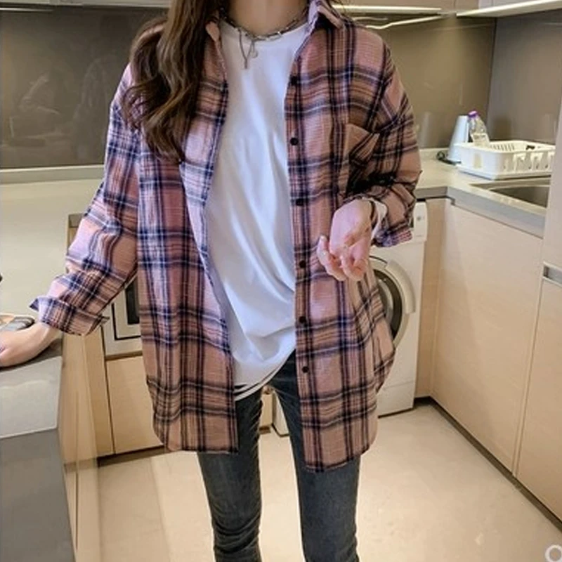 Повседневные женские рубашки, корейская модная одежда, blusas mujer de moda, свободные женские топы, офисные женские рубашки в клетку, женские 6858 50