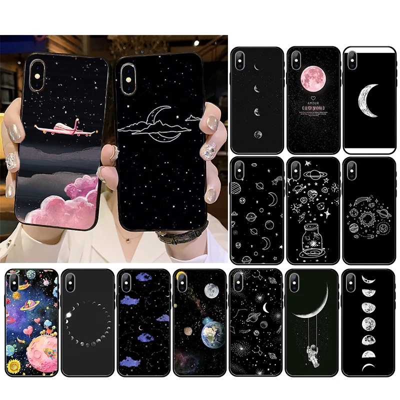 

Black with white moon stars space astronaut Phone case For iPhone 12mini 12 11 ProMax XS MAX XR SE2020 8 7 6 6S Plus X 5 5S SE