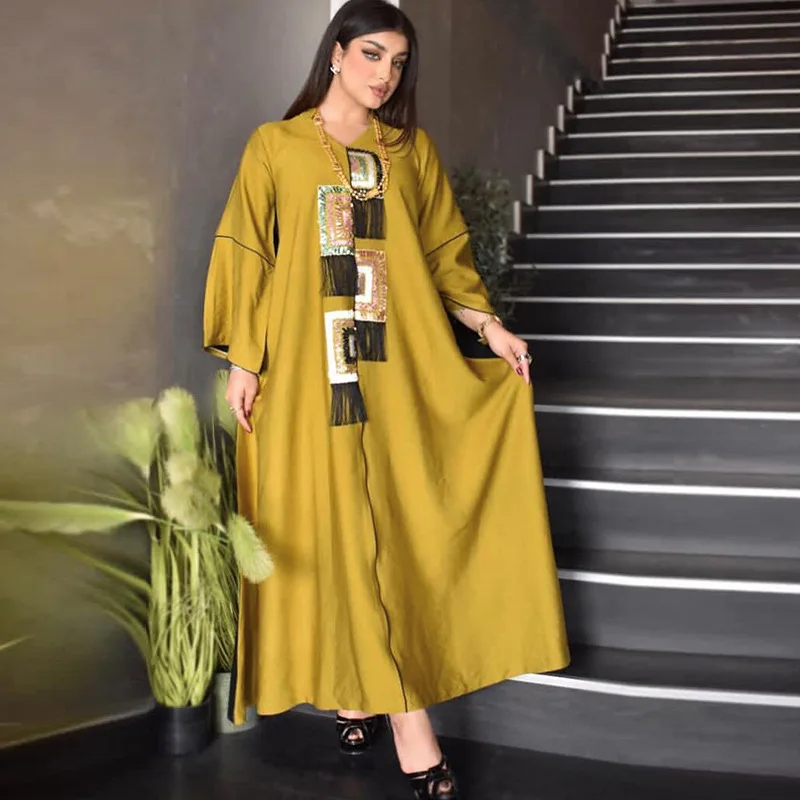 

Muslim Dubai Open Abaya For Women Turkey Arabia Caftan Marocain 2021 Ethnic Black And Yellow Sequin Applique Fringed Long Dress