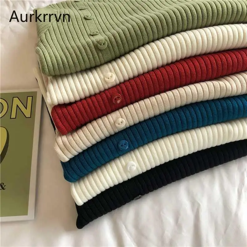 

Aurkrrvn High Street Turtlenck Knitted Sweaters Female Solid Korean Loose Autumn Sweaters Pullovers Woman Buttons Split Knitwear
