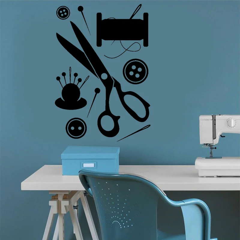 

Sewing Atelier Scissors Button Needle Threads Vinyl Wall Stickers Interior Design Decor Studio Decals Removable Wallpaper 4862