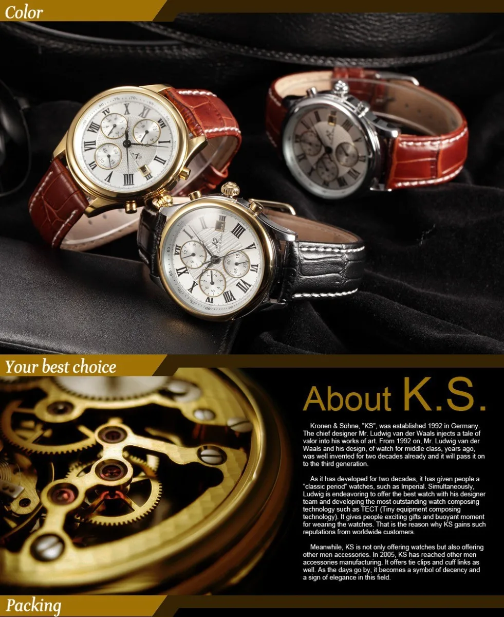 IMPERIAL KS Retro Skeleton 6 Hands Golden Case Luxury Brand Day Month Display Brown Leather Strap Men's Mechanical Watch / KS146