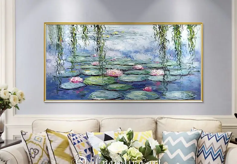 

Hand Painted Water Lily Pond Claude Monet Oil Painting Reproduction Floral Landscape Wall Art Living Dining Room Decor No Framed