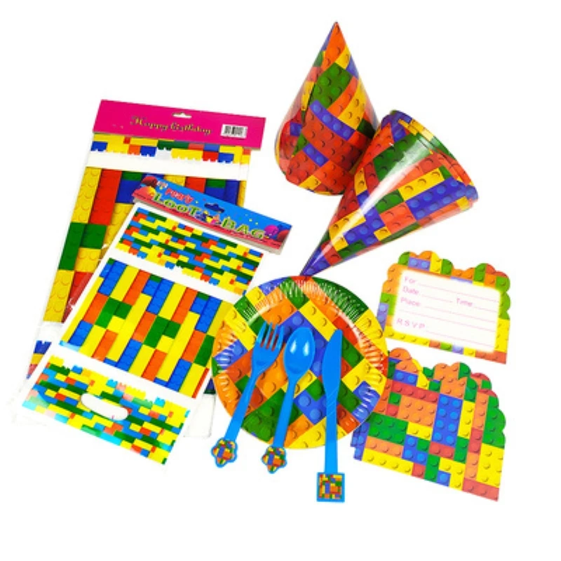 

Building Blocks Disposable Tableware Set Baby Shower Plates Cake BaBy Shower Topper Birthday Party Decorations Kids Boys Girl