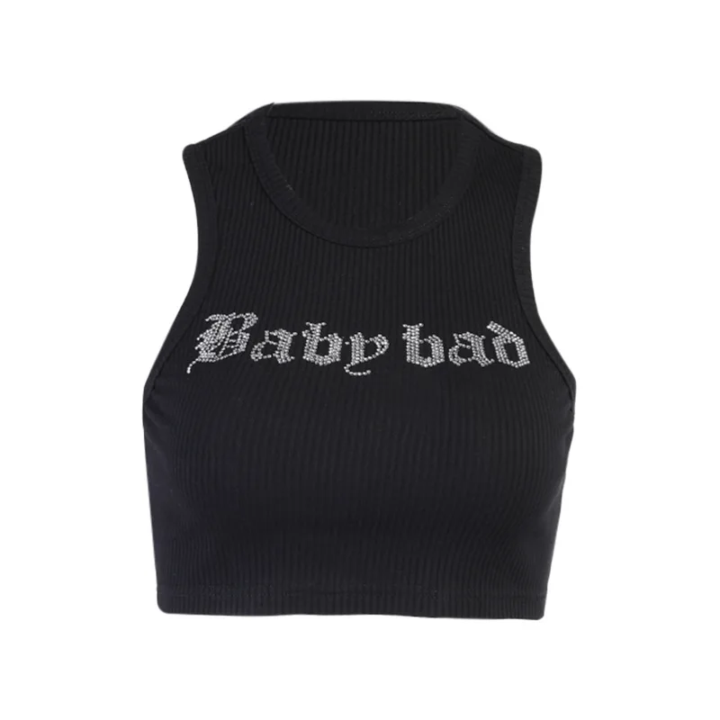

New Tight-fitting, Comfortable, Navel-bearing Sexy Small Sling With Diamond Letters Fashion Street Sports Style Female