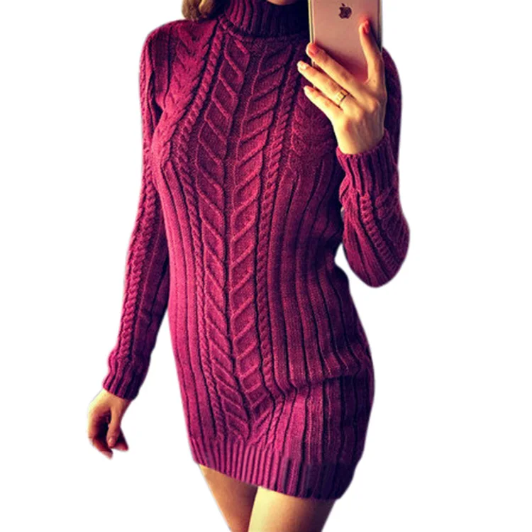 

2019 autumn new sweater long sleeve high collar twist slim sweater dress