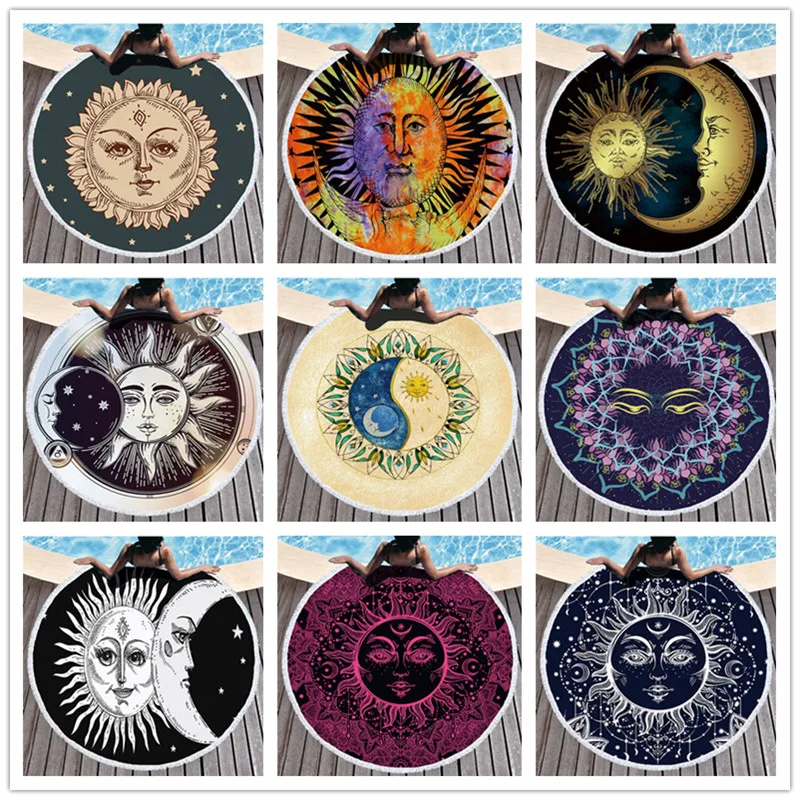 

Beach Towel Tassel Indian Mandala Chakra Colorful Tapestry Sunblock Round Cover-Up Bath Towel Lotus Bohemian Yoga Mat 150cm