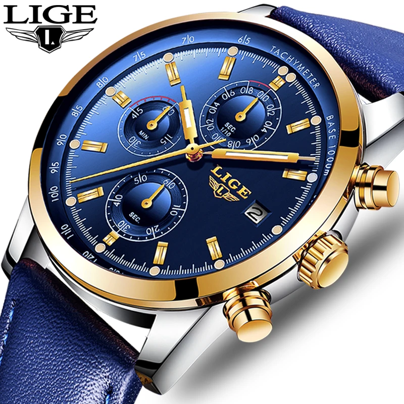 Часы наручные LIGE Мужские кварцевые брендовые Роскошные модные спортивные