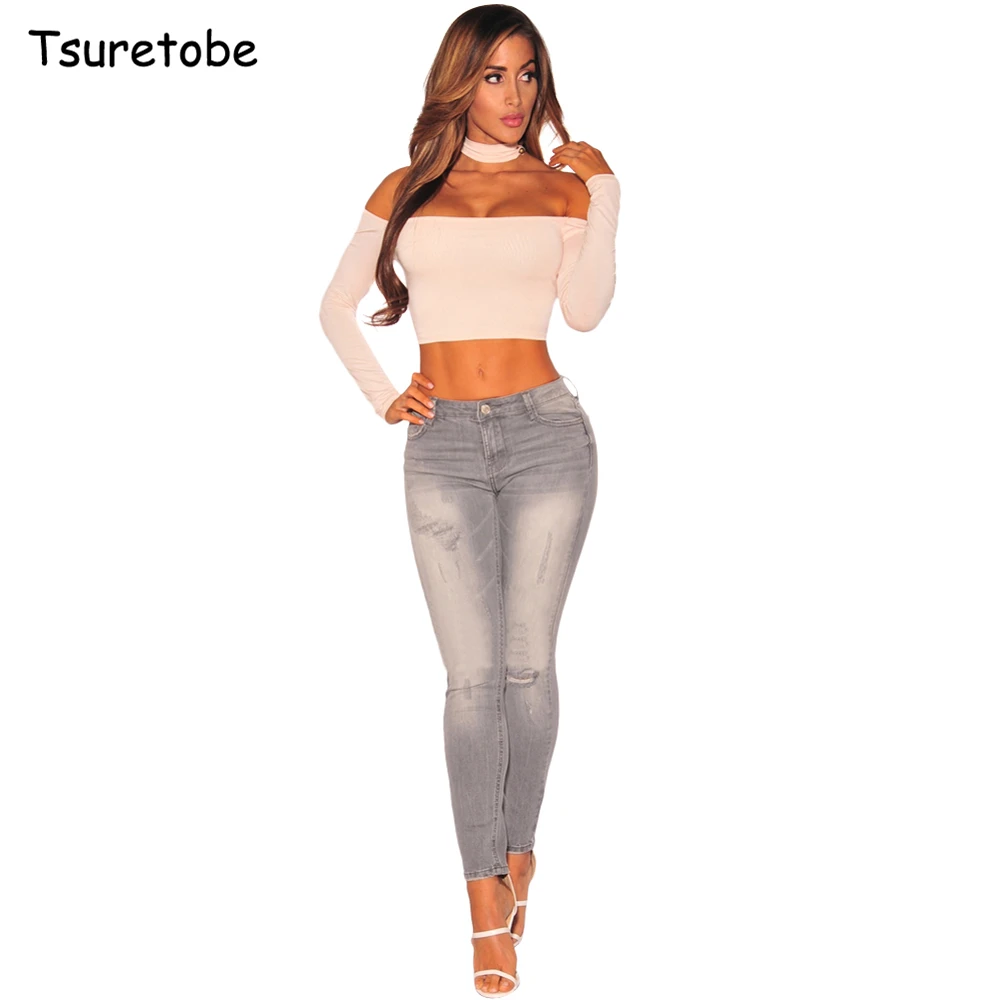Женские облегающие джинсы Tsuretobe серые повседневные рваные джинсы-карандаш со
