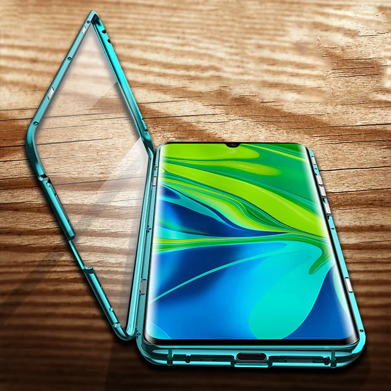 Магнитный металлический бампер чехол для Xiaomi Mi Note 10 закаленное стекло Передняя